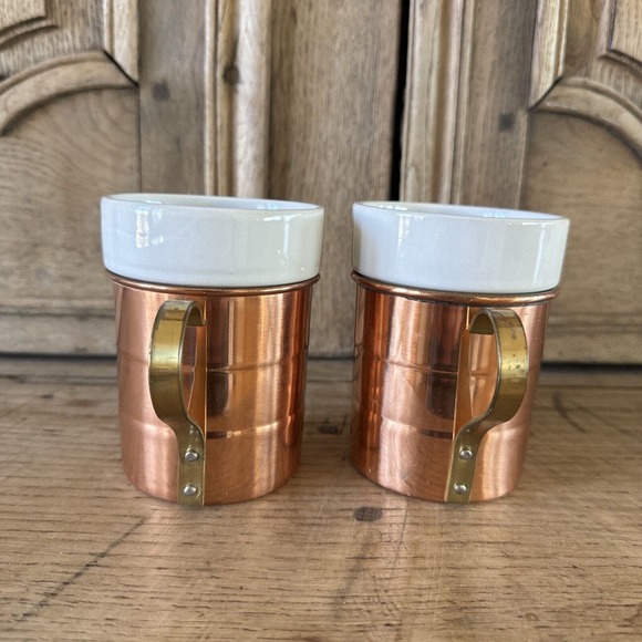 Vintage Set of 2 Copper & Porcelain Coffee Mugs Brass Handles Korea - Picture 2 of 11